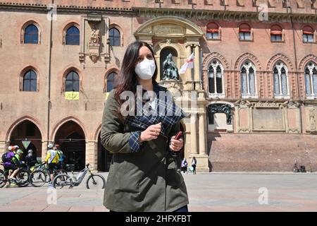 Massimo Paolone/LaPresse 23. April 2021 Bologna, Italy News Isabella Conti, Bürgermeisterin von San Lazzaro, besucht das Protestbankett der Bologneser Gastronomen in der Via D'Azeglio im Bild: Isabella Conti Stockfoto