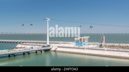 Lissabon, Portugal - Juli 25 2016: Seilbahnen mit der Vasco da Gama Brücke im Hintergrund. Stockfoto