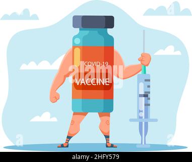 Die Macht des Impfstoffs. Schutz vor Covid-19. Flasche mit starker Bizeps-Hold-Spritze. Coronavirus-Impfung. Сharacter gegen Viren. Vektor Stock Vektor
