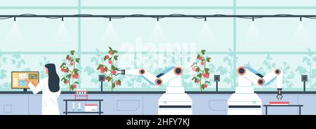 Robotergesteuerte Bewässerung von Farmpflanzen. Automatische Bewässerung von Gewächshaus-Tomaten, intelligente Gartenarbeit, digitale Überwachung der Bedingungen, Roboterarme, smart Stock Vektor