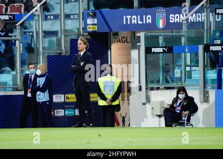 Alessandro Tocco - LaPresse 28. Mai 2021 Cagliari - Sardinien - Italien Fußballsport Italia vs San Marino - Freundschaftsspiel - Stadion Sardegna Arena in Cagliari auf dem Bild:Commissario Tecnico Italia Roberto Mancini Stockfoto