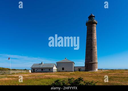 Skagen, Dänemark - Juli 10 2019: Det Grå Fyr, der graue Leuchtturm vor Skagen. Stockfoto