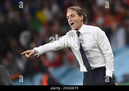 LaPresse - Fabio Ferrari 06. Juli 2021 London, Großbritannien Sportfußball Italien gegen Spanien - Euro 2020 - Fußball-Europameisterschaft - Halbfinale -Wembley Stadium of London. Im Bild:Roberto Mancini Stockfoto