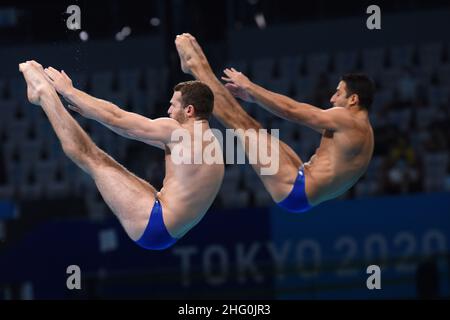 Gian Mattia D'Alberto / LaPresse 29. Juli 2021 Tokio Olympische Spiele 2020 Synchronisiertes Sprungbrett der Männer 3m im Bild: MARSAGLIA Lorenzo TOCCI Giovanni ITA Stockfoto