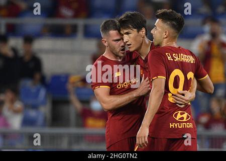 Fabrizio Corradetti / LaPresse August 14st, 2021 Rom, Italien Sportfußball AS Roma vs Raja Club Athletic - Pre-Season Friendly 2021/2022 - Olympiastadion im Bild: Eldor Shomurodov feiert Stockfoto