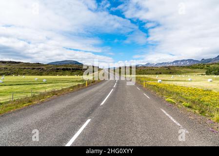 Kurvenreiche Landstraße, die an einem sonnigen Sommertag zwischen grasbewachsenen Feldern mit eingewickelten Heuballen führt Stockfoto