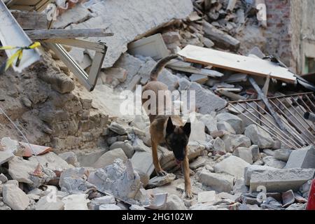 Foto LaPresse/Marco Cantile Cronaca 24/08/2016 - Amatrice Terremoto ad Amatrice ne rietino. Diversi morti e molti feriti. Sul posto i soccorsi con le forze dell'ordine la Protezione Civile i Vigili del fuoco ed i tanti volontari. Nella foto: le macerie, le case cadute ed i soccorsi ad Amatrice Foto LaPresse/Marco Cantile News 24/08/2016 - Amatrice - Rieti Erdbeben in Amatrice, Italien Stockfoto