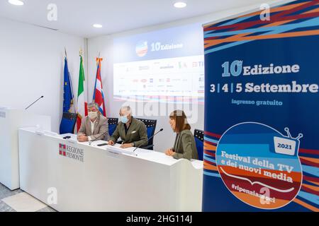 Marco Alpozzi/LaPresse 26. August 2021 Turin, Italien Show Pressekonferenz des 'Festival della TV e dei Nuovi Media' im Bild: Arnulfo, Carosso, Mariani Stockfoto