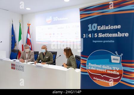 Marco Alpozzi/LaPresse 26. August 2021 Turin, Italien Show Pressekonferenz des 'Festival della TV e dei Nuovi Media' im Bild: Arnulfo, Carosso, Mariani Stockfoto