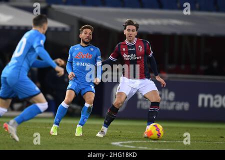 Luis Binks (Bologna)Dries Mertens (Napoli) während des italienischen "Serie A"-Spiels zwischen Bologna 0-2 Napoli im Renato Dall Ara-Stadion am 17. Januar 2022 in Bologna, Italien. Quelle: Maurizio Borsari/AFLO/Alamy Live News Stockfoto