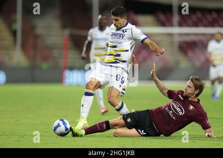 Alessandro Garofalo/LaPresse 22. September 2021 Salerno, Italien Sportfußball Salernitana vs Hellas Verona - Italienische Fußballmeisterschaft Liga A 2021/2022 - Arechi Stadion. Im Bild: Giovanni Simeone (FC Hellas Verona),Stefan Strandberg (USA Salernitana 1919) Stockfoto