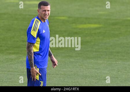 LaPresse - Fabio Ferrari 28. September 2021 Turin, Italien Sportfußball Sitzungstraining des FC Juventus vor dem Spiel Juventus FC gegen Chelsea - UEFA Champions League 2021/2022 - Gruppenphase - Gruppe H - 2/6 - Allianz Stadium. Im Bild:Bernardeschi Stockfoto