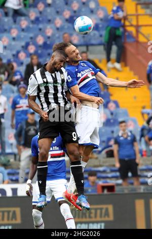 Foto Tano Pecoraro/LaPresse 03 Ottobre 2021 - Genua, Italia Sport, CalcioSampdoria vs Udinese - Campionato italiano di calcio Serie A Tim 2021/2022 - Stadio Luigi FerrarisNella foto: beto, ekdalFoto Tano Pecoraro/LaPresse 03. Oktober 2021 - Genua, Italien Sport, Fußball Sampdoria vs Udinese - Italienische Serie A Fußball-Meisterschaft 2021/2022 - Luigi Ferraris StadiumAuf dem Foto: beto, ekdal Stockfoto