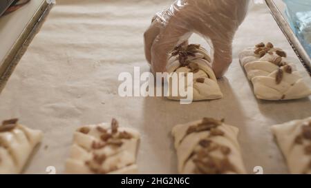 Nahaufnahme der Hände des Konditoreiers, die ungekochte Brötchen mit Nüssen auf das Backblech legen. Bäcker bereitet süße und leckere Gebäckprodukte zu. Stockfoto