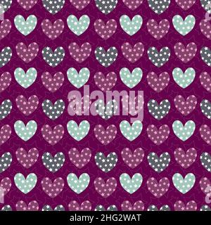 Muster mit Herzen und Sternen auf burgunderrotem Hintergrund. Für Valentinstag, Geburtstag und Feiertage, Geschenke. Stock Vektor