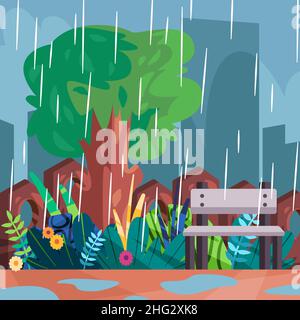 Szenenansicht des leeren Parks Regenzeit Wetter Outdoor Vektordarstellung mit dunklem Himmel Stock Vektor