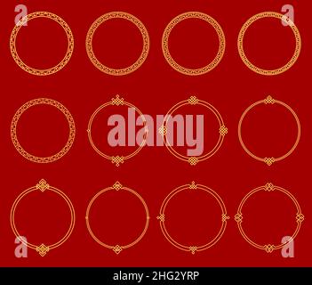 Runde asiatische Rahmen. Grenzen von Japan, korea und china. Orientalische Schmuckrahmen mit geometrischen Linien-Ornamenten, Vektor-Vintage-Bordüren Stock Vektor