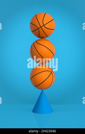 Balancieren von Basketballbällen auf blauem Hintergrund. 3D Abbildung Stockfoto