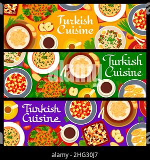 Türkische Küche Mahlzeiten Banner mit Speisen Gerichte der Türkei, Vektor-Restaurant Abendessen und Mittagsmenü. Türkische traditionelle Küche Baklava süßen Dessert a Stock Vektor