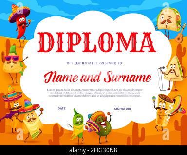 Kinderdiplom. Cartoon mexikanische Tacos, Burrito, Quesadilla und Nachos mit Avocado, Vektor. Bildungsabschluss oder Schulpreis mit Churros und Jalap Stock Vektor