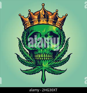 König Schädel Maskottchen Cannabis Blätter Logo Vektor Illustrationen für Ihre Arbeit Logo, Maskottchen Merchandise T-Shirt, Aufkleber und Label-Designs, Poster Stock Vektor