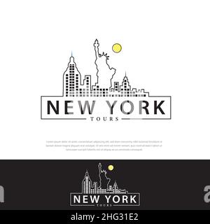 Logo-Design Grafische Illustration von New York City mit verschiedenen berühmten Gebäuden und Sehenswürdigkeiten. Modernes Vektorlinien-Kunstdesign. Stock Vektor