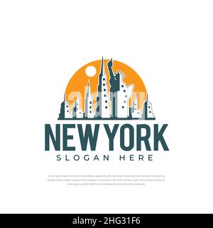 Logo-Design Grafische Illustration des sonnigen New York City mit berühmten Gebäuden und Sehenswürdigkeiten. Modernes Vektorlinien-Kunstdesign. Stock Vektor