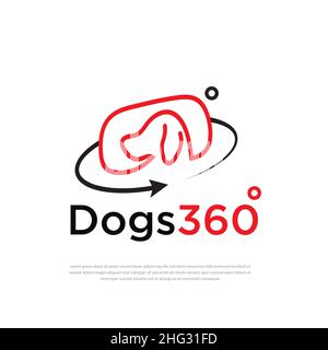 Dog 360-Grad-App-Vektor-Design-Logo für 360-Fläche-Ansicht und kreisförmigen Pfeil. Stock Vektor