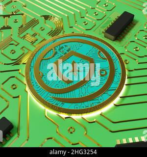 Eine Illustration der Kryptowährung SafeMoon aus dem Jahr 3D aus der Nähe auf einem Leiterplattenhintergrund. Stockfoto