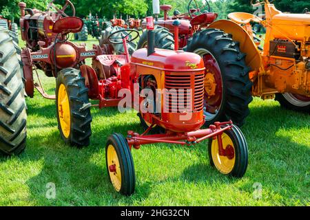 Ein roter, antiker Massey Harris Pony Traktor, der auf einer Traktorenschau in Warren, Indiana, USA, ausgestellt wurde. Stockfoto
