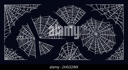 Spinnweben auf schwarzem Hintergrund isoliert. Gruselige Halloween Spinnweben für Rahmen und Banner. Vektorgrafik mit Handrawn Stock Vektor