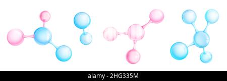 Moleküle und Atome Modelle, abstrakte wissenschaftliche Elemente für Chemie, Medizin, Biologie oder Physik. Isolierte rosa oder blau 3D Vektor mikroskopische Objekte, verbundene Kugeln auf weißem Hintergrund Stock Vektor