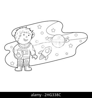 Malbuch, Farbe eine Karikatur-Illustration eines Astronauten im Weltraum, Vektor isoliert auf einem weißen Hintergrund Stock Vektor