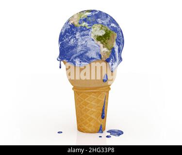 Eine 3-D-Illustration, die sich auf den Klimawandel und die globalen Erwärmungsmuster bezieht und eine schmelzende Erde auf einem Eiskegel darstellt. Stockfoto