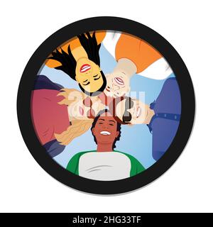 In einem Arbeitstreffen, in dem sich ein vielfältiges Traumteam wie eine Familie zusammengeschlossen hat, rütteln sich die Köpfe. Gruppenportrait von glücklichen, positiven Mischrassenmenschen, männlich und weiblich Stock Vektor