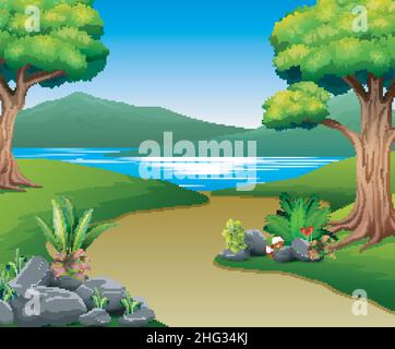 Naturlandschaft mit Fluss und Berg Stock Vektor