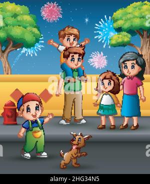 Fröhliche Familie im Freien mit einem Feuerwerk am Himmel Stock Vektor