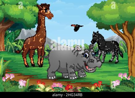 Wilde Tiere Cartoon spielen im Dschungel Stock Vektor
