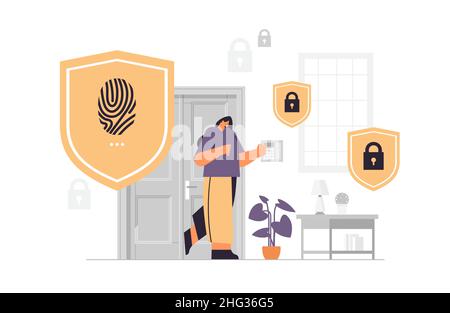 Frau berührt Fingerabdruckscanner Mädchen Steuerung Smart-Home-Geräte mit biometrischen Scan-Sicherheit Zugangskontrolle Stock Vektor