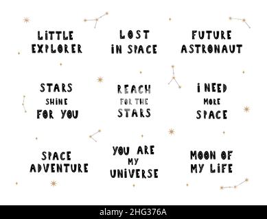 Handgezeichnetes kosmisches Schriftzeichenzitat für Kinder. Galaxy Phrasen Sammlung. Hygge Kinderposter. Vektor-Illustration im flachen Cartoon-Stil. Toll für Stock Vektor
