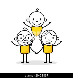 Geschäftliche Zusammenarbeit, Freundschaft, Teamarbeit. Handgezeichneter Doodle-Charakter. Geschäftskonzept mit lustigen Stickman. Vektorgrafik. Stock Vektor