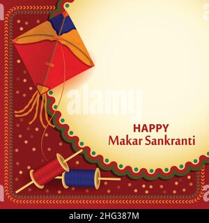 Happy Makar Sankranti Vektorgrafik. Fliegen bunte Drachen am Himmel. Spule und Gewinde. Mandala-Design. Grußwagen, Flyer, Poster, Banner, Website Stock Vektor