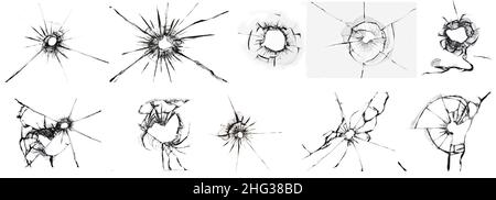 Texturen aus zerbrochenem Glas. Die Auswirkungen von Rissen auf das Fenster. Elemente für die Verwendung im Design, eine große Reihe von Fotos in einem Bild. Stockfoto