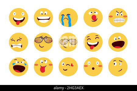 Emoji-Zeichen Vektor-Set-Design. Emoticon flache Emoji Gesichter mit lustigen, coolen, verrückten und wütenden Gesichtsemotion in gelbem Kreis für Emoticons Cartoon. Stock Vektor