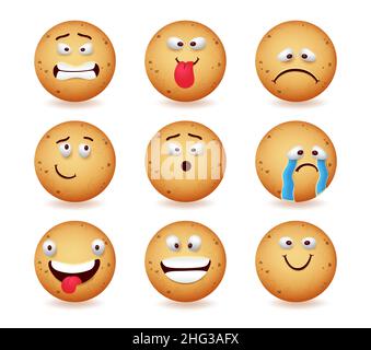 Cookie-Emojis-Vektorset-Design. Cookies Emoji-Charaktere in verrückten, traurigen und verängstigten Gesichtsausdrücken für lustige und niedliche Ingwerbrot Gesichter Emoticon. Stock Vektor