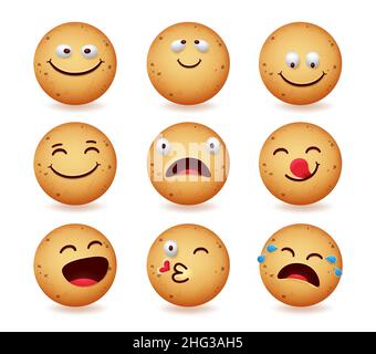 Cookies Emoji Vektor-Set-Design. Cookie-Emojis mit fröhlichen und lustigen Gesichtsreaktionen isoliert auf weißem Hintergrund für niedliche Ingwer-Brot-Gesichter-Charaktere Stock Vektor