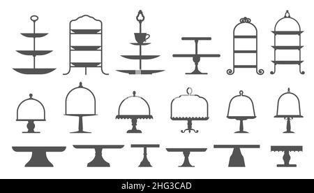 Set von Kuchen steht im flachen Icon-Stil. Leere Tabletts für Obst und Desserts. Vektorgrafik. Stock Vektor