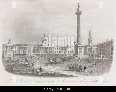 Gravur der Ansicht des Trafalgar Square mit Nelsons Säule in London. 1862 Stockfoto