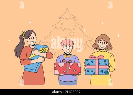 Konzept für die Feier zu Neujahr. Gruppe von glücklich aufgeregt Kinder stehend Geschenk-Boxen in den Händen mit Weihnachtsbaum im Hintergrund Vektor-Illustration Stock Vektor