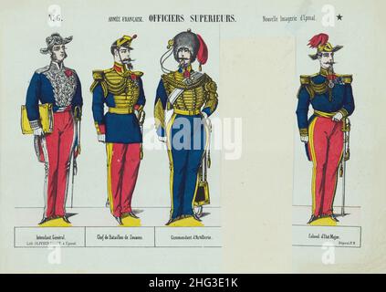 Vintage-Illustrationen der französischen Armee. Hochrangige Französische Offiziere. D'Epinal. 1860 von links nach rechts: Generalintendant, Kommandant des Bataillons von Zouaves, Artil Stockfoto